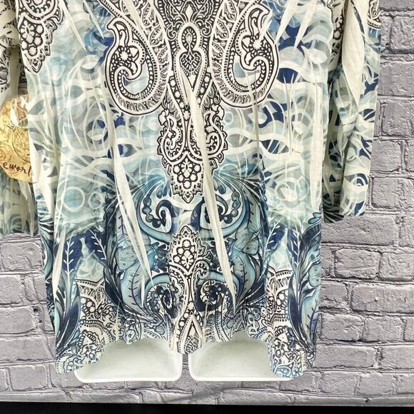 One World Womens V-Neck Lace Trim Tunic Top PXL Blue & Cream Paisley - Picture 8 of 10